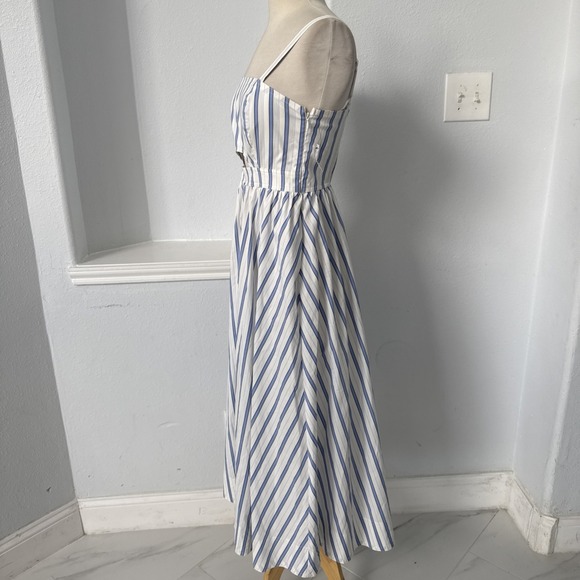 Nine West Midi Dress XS Blue White Stripe Cutout Smocked Back Coastal Beachy - Picture 7 of 15